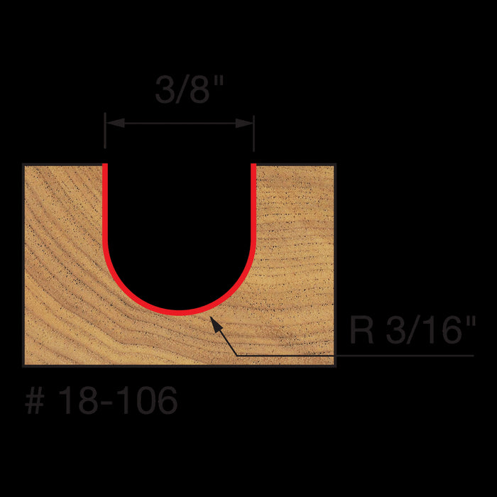 Mèche à bout rond, rayon 3/16", (3/8"x3/8") à tige 1/4"