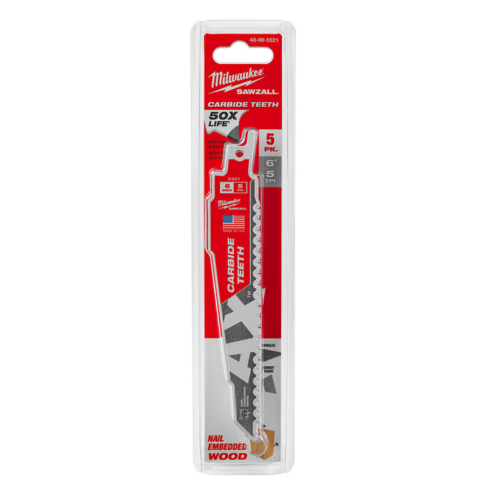 Ensemble de 5 lames Sawzall AX 6" à dents de carbure pour le bois