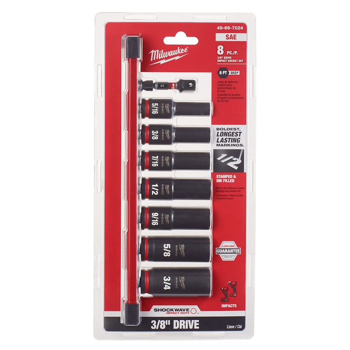 Ensemble de 8 douilles à chocs longues à prise 3/8" (SAE)
