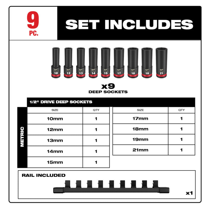 Ensemble de 9 douilles à chocs longues à prise 1/2" (métrique)