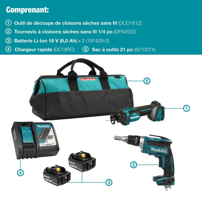 Ensemble d'outils pour cloison sèche avec 2 batteries