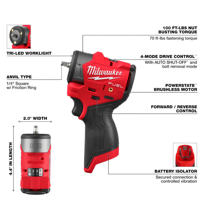 Clé à chocs compacte 1/4" M12 FUEL - Outil seulement Milwaukee - Quincaillerie G.H. Berger