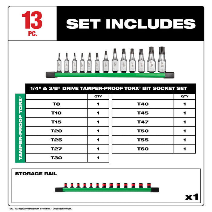 Ensemble de 13 douilles à prise 1/4" et 3/8" à embout Torx sécurité Milwaukee - Quincaillerie G.H. Berger