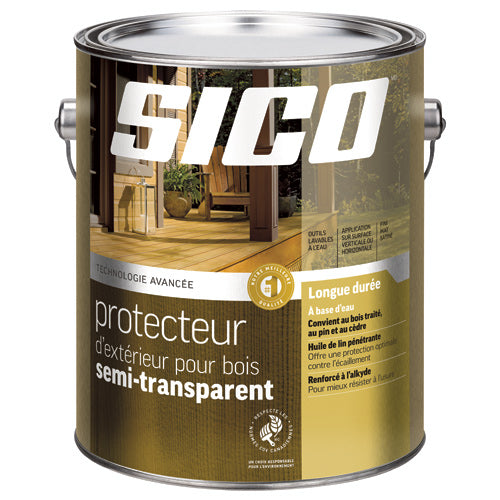 Protecteur de bois à base d'eau - Semi-transparent - Fini satiné - Base à teinter - 3.78 L SICO